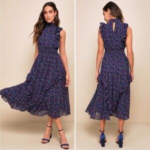 Lulus Evalina Navy Blue Floral Print Mock Neck Midi Dress